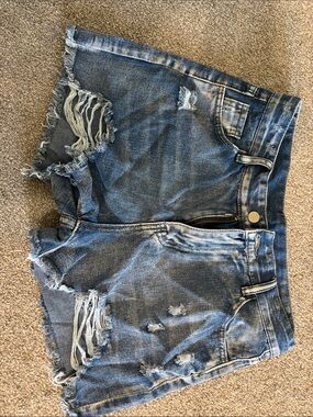 Women's Distressed Blue Denim Jean Shorts with Frayed Hem